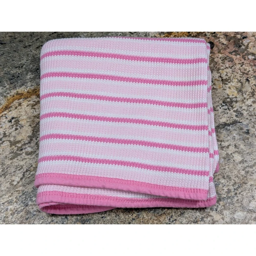 Vintage Waffle Weave Thermal Cotton Blanket Pink Stripe Girl READ